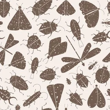 Grunge vector seamless pattern with vintage insects silhouette. Moth, butterfly Stock Illustration