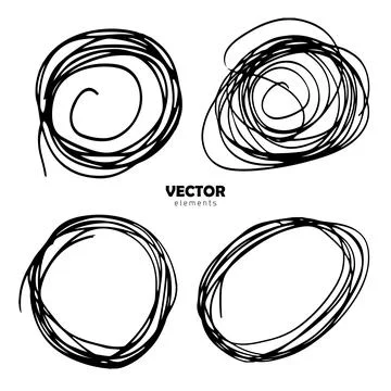 Grunge Vector Set of brush Circle Round Black color on white background. Hand Stock Illustration