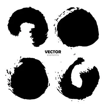 Grunge Vector Set of brush Circle Round Black color on white background. Hand Stock Illustration