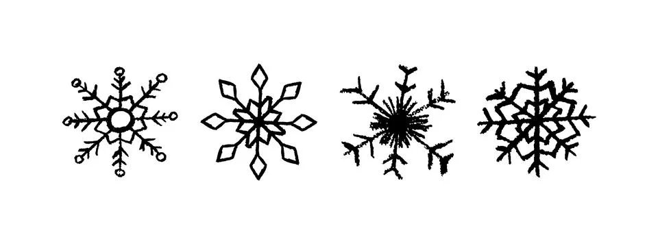 Grunge vector set of hand-drawn black snowflakes. Created with marker, chalk Stock Illustration
