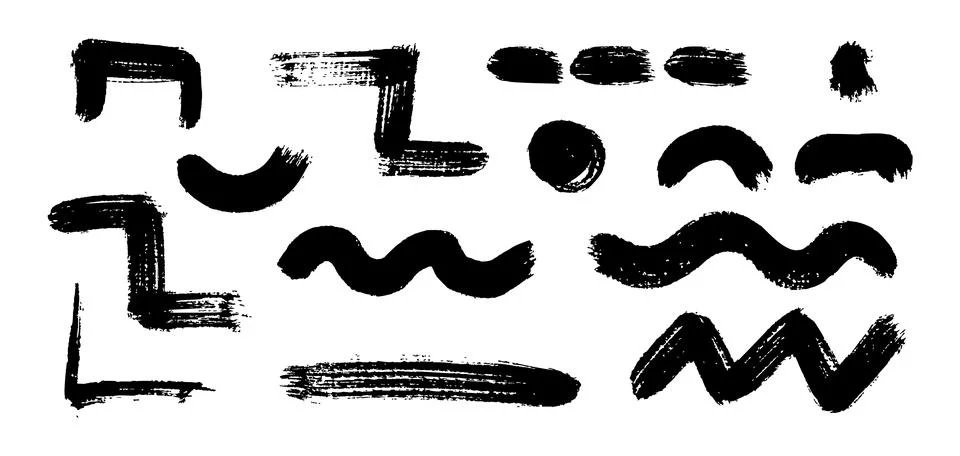 Grunge vector set of isolated brush shapes in black. Rough retro strokes with Stock Illustration