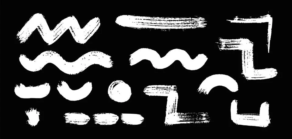 Grunge vector set of isolated brush shapes in white. Rough retro strokes with Stock Illustration