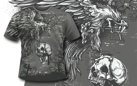 Grunge vector t-shirt design with skull Stock Illustration