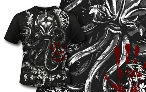 Grunge vector t-shirt design with squid Stock Illustration