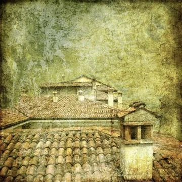 Grunge view on the roofs, background. With space for text. Stock Illustration