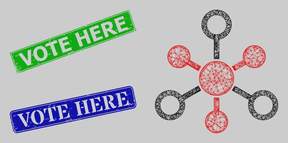 Grunge Vote Here Badges and Net Internet Nodes Mesh Illustrazione stock