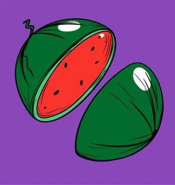 Grunge watermelon cut in two slice cartoon drawing Stock Illustration