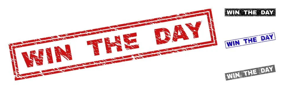 Grunge WIN THE DAY Textured Rectangle Stamp Seals Stock Illustration