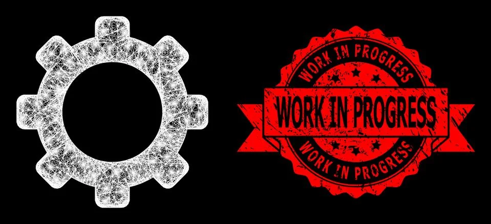 Grunge Work in Progress Stamp and Bright Polygonal Network Gear with Glare Spots Illustrazione stock