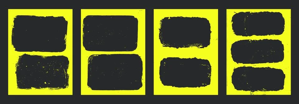 Grunge yellow neon frames set templates. Ink paint border with rough edges for Stock Illustration