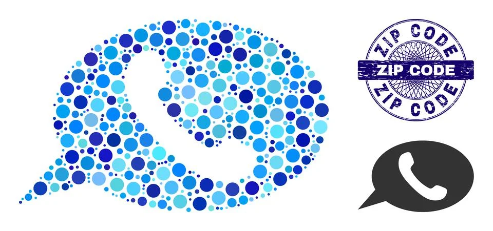 Grunge ZIP CODE Round Guilloche Stamp and Phone Message Composition Icon of Stock Illustration