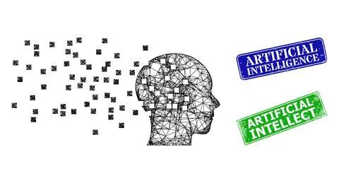 Grunged Artificial Intelligence Stamp Seals and Triangle Mesh Human Memory Stock Illustration