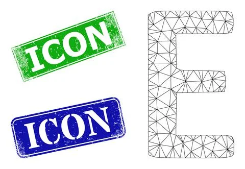 Grunged Icon Stamps and Triangular Mesh Epsilon Greek Symbol Icon Stock Illustration