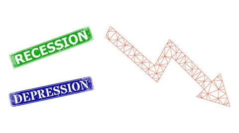 Grunged Recession Imprints and Triangular Mesh Falling Trend Arrow Icon Stock Illustration