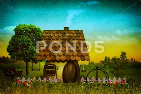 Grungy fantasy landscape with vintage cardboard texture added Stock Illustration