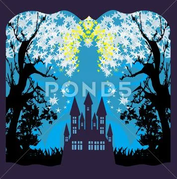 Grungy halloween frame with haunted house Stock Illustration
