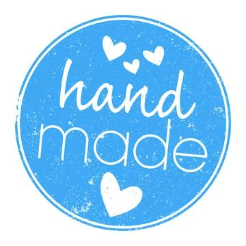 Grungy round HANDMADE label or sticker with hearts isolated on white Illustrazione stock