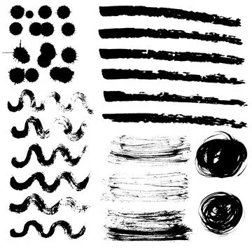 Grungy texture set, brush stroke elements, hand drawn waves, circles, smears, Stock Illustration