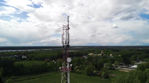 GSM telecommunications tower for mobile 5G and 4G internet in cell phones Stock Footage