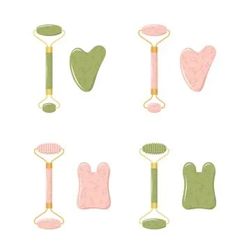 Gua sha scraper and jade roller for facial massage. Collection of different Stock Illustration
