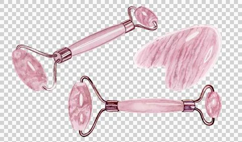 Gua sha set marble pink shiny skin care tools hand drawn watercolor illustration Stock Illustration