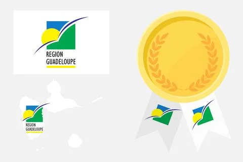 Guadeloupe flag with main map and gold medal in set for web and banners or .. Stock Illustration