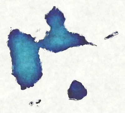 Guadeloupe map with drawn lines and blue watercolor illustration Stock-Illustration