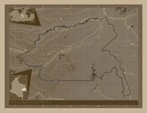 Guainia, Colombia. Elevation map colored in sepia tones with lakes and rivers Illustrazione stock