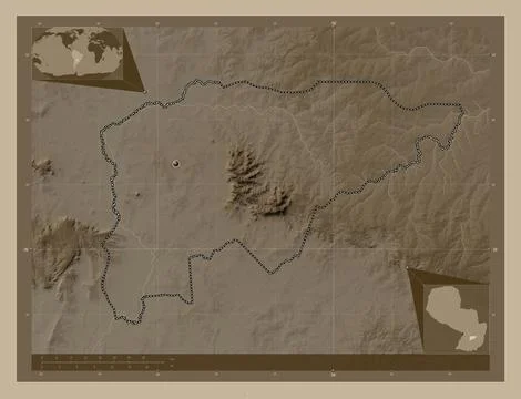 Guaira, Paraguay. Elevation map colored in sepia tones with lakes and rivers 库存插图