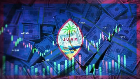 Guam Flag on Economic Background With Decrease Bar Chart Graph And Arrow Stock Footage 320970610