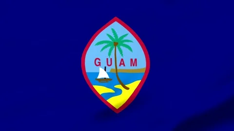 Guam flag with palm tree and sailboat on blue background Video stock 343574060