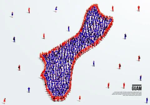 Guam Map and Flag. A large group of people in the Guam flag color. Stock Illustration