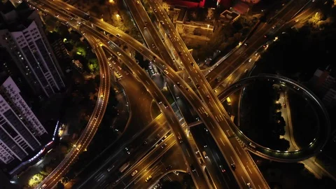 Guangzhou, China - vertical top down aerial view of highway and overpass traffic Video stock 128541589