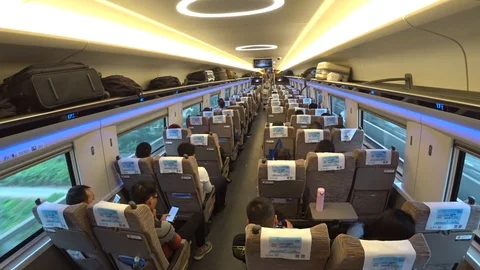 GUANGZHOU, CHINA : View inside HIGH SPEED RAILWAY TRAIN. Stock Footage 99300757