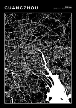 Guangzhou Map Wall Art Frame, Cartography Map Print, City Layout Map Stock Illustration