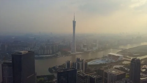 Guangzhou sunset time canton tower pearl river island aerial panorama 4k china Stock Footage