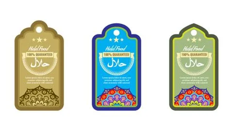 Guaranteed halal label set. Islamic badge with ornaments. Vector illustration. Stock Illustration