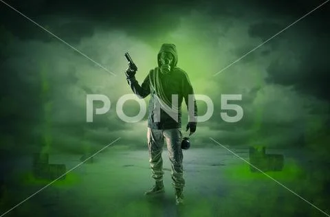 Guard in an abandoned space after explosion Stock Photos