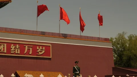 Guard and flags at Mao Memorial hall, Beijing. China. Stock Footage 110870816