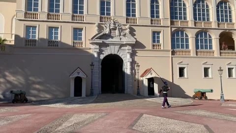 Guard change ceremony in front of Prince's Palace of Monaco. Monaco Stock Footage 264101294