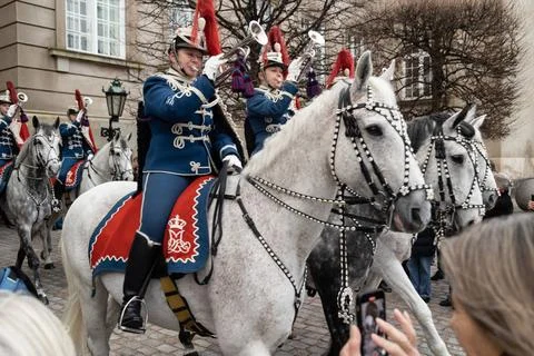  Guard Hussar Regiments Mounted Squadron rides from Christiansborg Palace.. Stock Photos