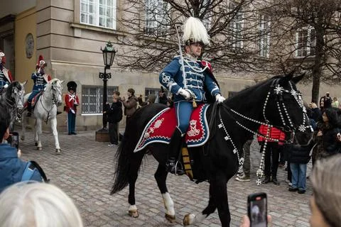  Guard Hussar Regiments Mounted Squadron rides from Christiansborg Palace.. Stock Photos