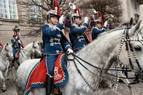  Guard Hussar Regiments Mounted Squadron rides from Christiansborg Palace.. Stock Photos