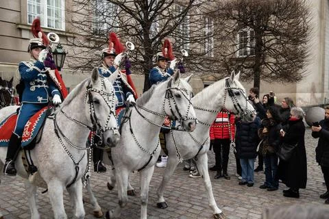  Guard Hussar Regiments Mounted Squadron rides from Christiansborg Palace.. Stock Photos