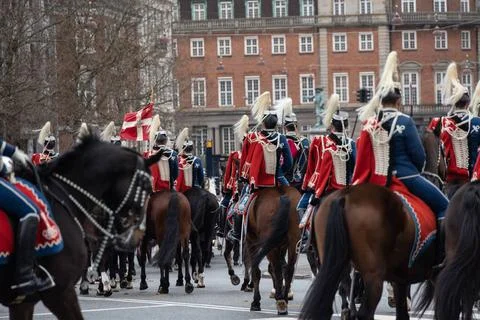  Guard Hussar Regiments Mounted Squadron rides from Christiansborg Palace.. Stock Photos