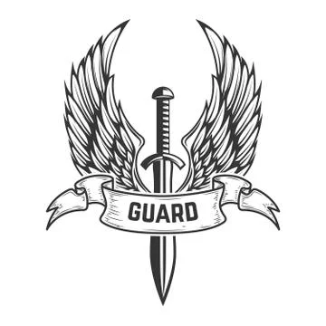 Guard. Medieval sword with wings. Design element for logo, label, emblem, sig Illustrazione stock