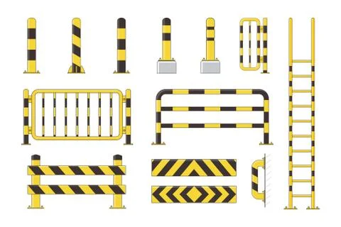 Guard post sentry yellow and black collection, icon flat column bollard set Stock Illustration