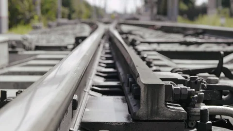 Guard rail movements to switch direction of train path Stock Footage 95604138