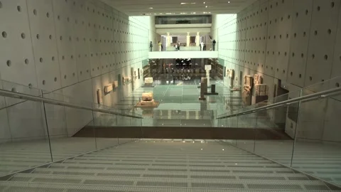 Guard walking at the empty Acropolis Museum during a press visit after the f Stock Footage 145754791