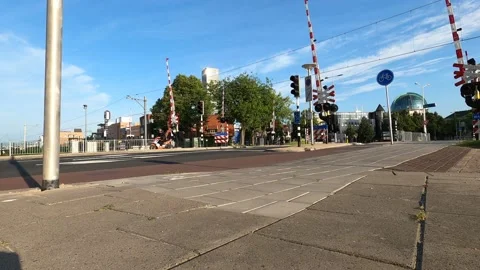 Guarded railway crossing without train Stock Footage 157666309